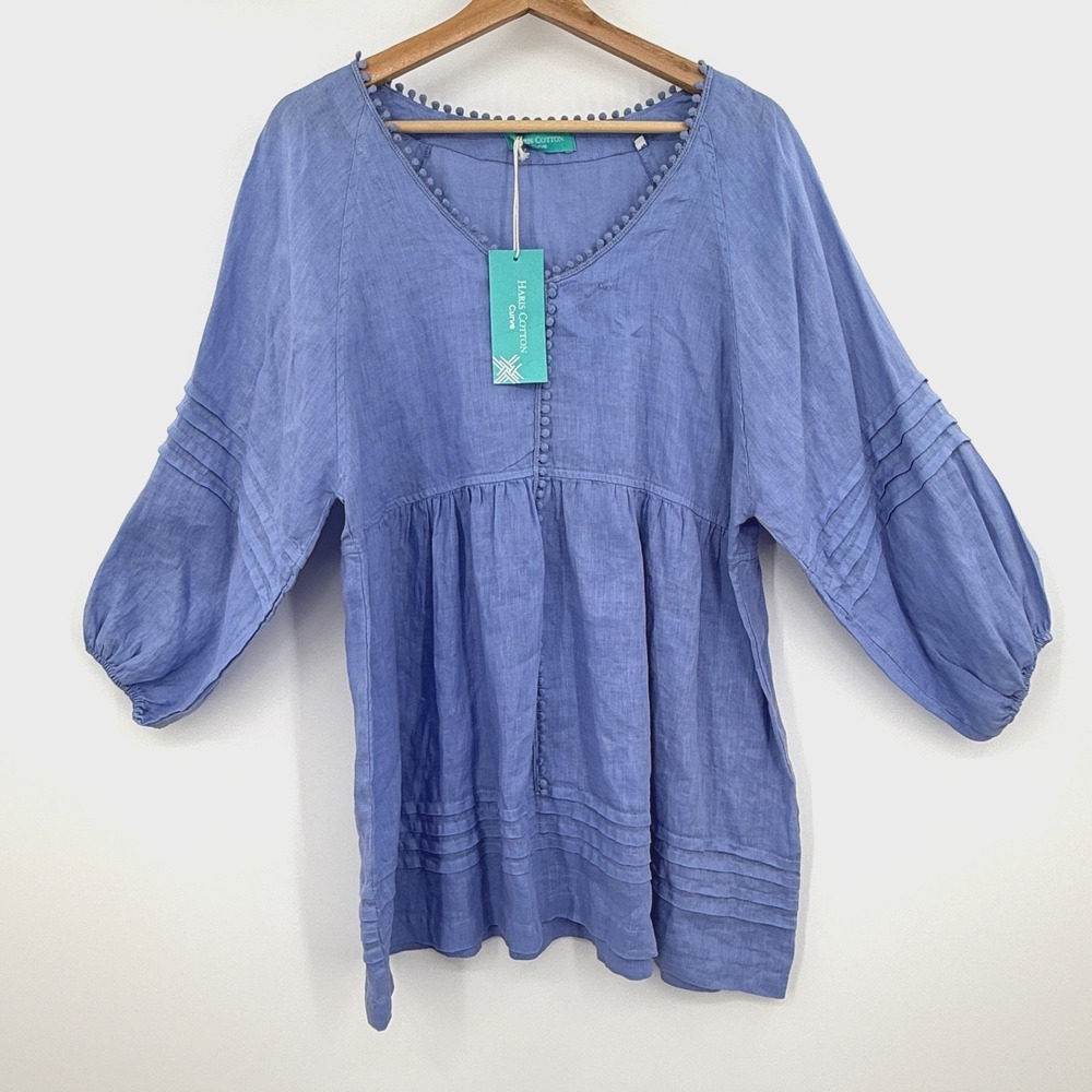 Haris Cotton Curve Linen Tunic Babydoll Top Made in Greece Oversized Small Blue